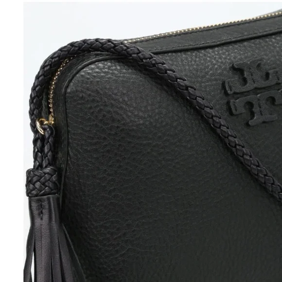 Tory Burch Black Leather Pebbled Crossbody Tassel Bag Purse - Picture 4 of 9